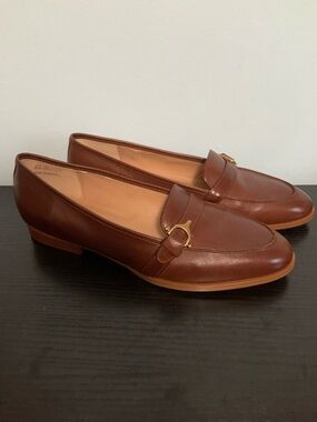 Etienne Aigner Brown Leather Penny Loafers with Gold Buckle